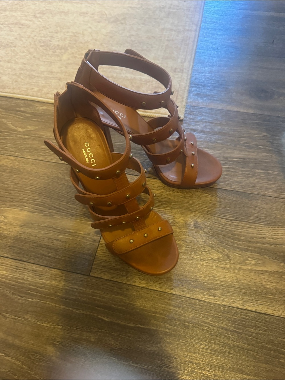 Gucci Brown Multi-Strap Studded Leather Heels - Barely worn